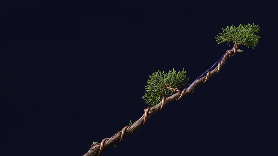 A slim wired bonsai branch, the light resting near its tip.